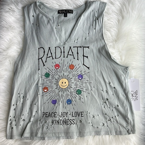 🆕Vinylicons Graphic Tank Top Radiate Peace Joy Love V-Neck Smiley Faces XS - Picture 5 of 12